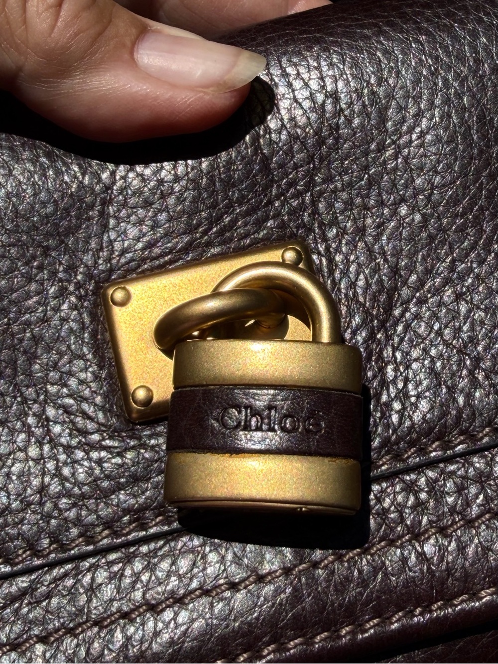 Chole Chocolate Brown Lux Leather Wristlet Clutch with Brass Padlock and Key 7”